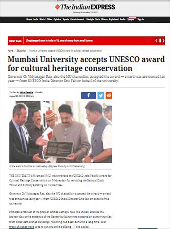Mumbai University Accepts UNESCO Award for cultural Heritage Conservation, The Indian Express